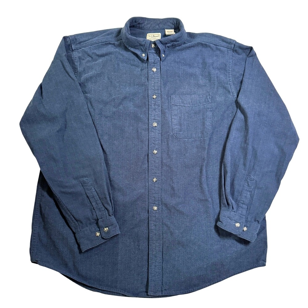 LL Bean Shirt XL Blue Herringbone Cotton Button Down Long Sleeve Regular OWU88